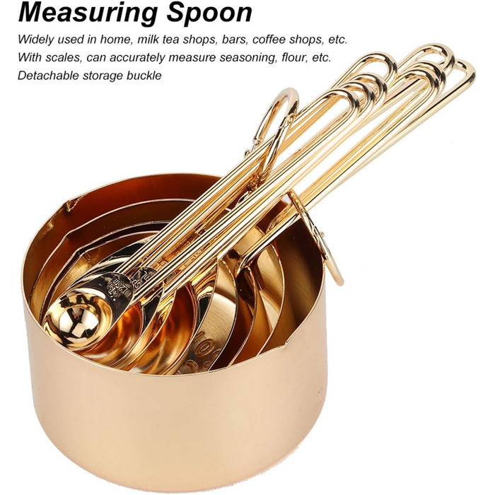 WAAZI 8-Piece Measuring Cup and Spoon Set, Stainless Steel Measuring Spoons with Buckle, Kitchen Baking Accessories for Milk-Tea Shops, Bars, Cafés, Kitchen Utensils (Color: Gold)