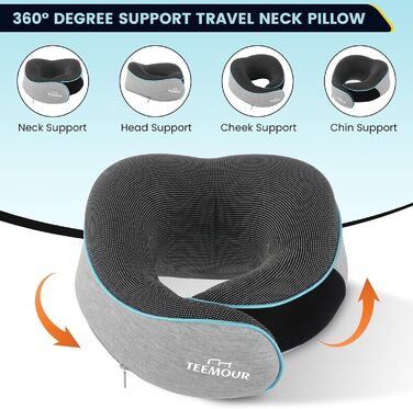 Подушка для шиї у літак Memory Foam з підтримкою 360°, набір для подорожей (очна маска, навушники, чохол), сіра