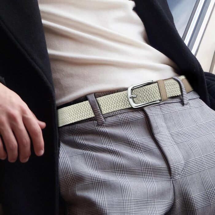 Набір з 2 еластичних плетених ременів для жінок та чоловіків – регульовані та розтяжні ремінні ремені, 3,3 см, довжина 100–120 см (Чорний + Бежевий, довжина 110 см)