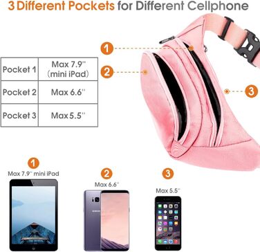 Жіноча/Чоловіча поясна сумка 4 Taschen, велика місткість, водонепроникна, для iPad mini та iPhone 12 Pro Max, для спорту (рожевий)
