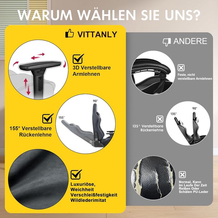 Ігровий крісло Vittanly з підніжкою, підголівником та поперековою підтримкою, сірий