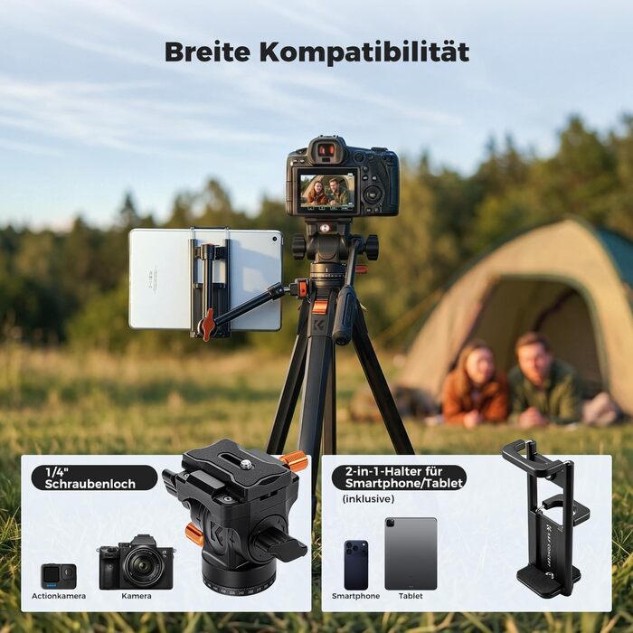 Алюмінієвий штатив для камери та смартфона K&F Concept з гідравлічною головою, висота 162 см, навантаження до 10 кг, дорожній трипод для планшета та телефону