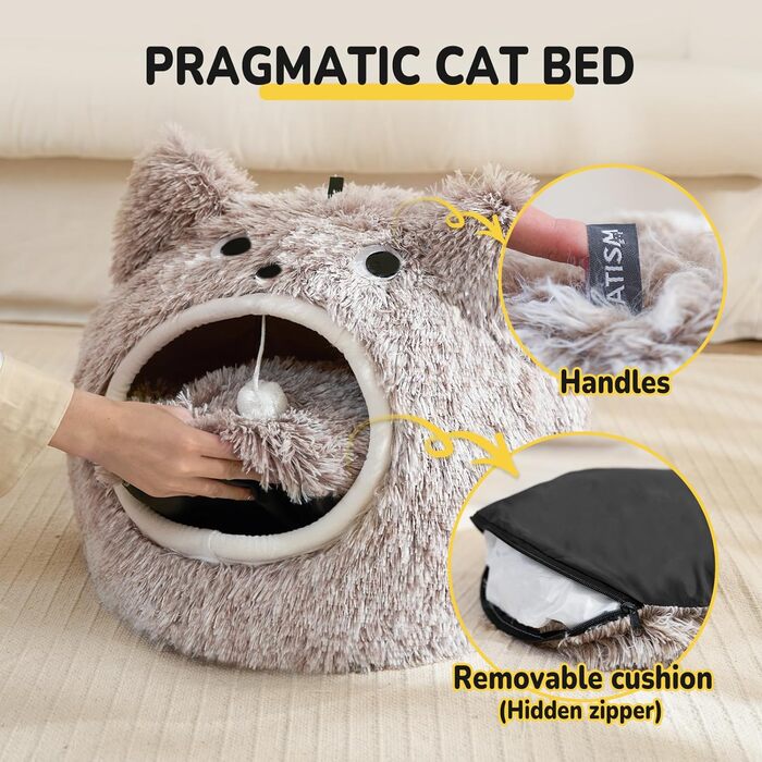 CATISM Cat Cave Cat Bed Washable Cat Sleeping Place for Cats Cute Monster Plush Pet Cat Head Pillow Cat House Cat Cushion Fluffy Kitten Puppy Snuggle Bed Pet Bed (Coffee)