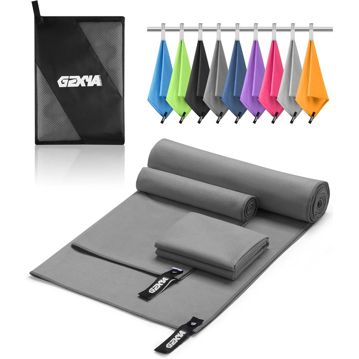 Набір рушників з мікрофібри GZXYA (3 шт.): великий (180x60 см) + 2 маленькі (80x40 см). Швидковисихаючі рушники для спорту та відпочинку. Темно-сірий колір.