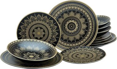 CreaTable MANDALA GOLD: 16-частинний набір посуду з каменю, чорний/золотий, для посудомийної машини та мікрохвильової печі