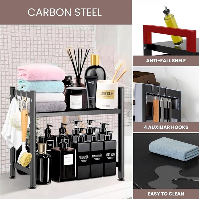 Регульована полиця для мікрохвильової печі та духовки. Організатор для кухні зі сталевими аксесуарами (35–60 см)