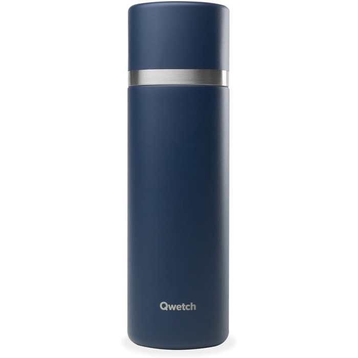 Qwetch Stainless Steel Thermos - 750ml Insulated Flask & Thermos Bottle with Recycled Stainless Steel Cup - 24h Cold & 12h Hot - Leakproof, BPA-Free & Perfect for Coffee & Tea - Brushed Stainless Steel, Marine Blue