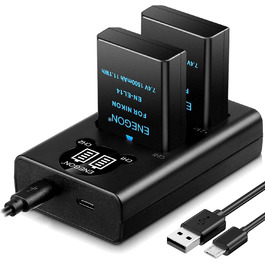 Запасний акумулятор ENEGON EN-EL14/EL14a (2 шт.) та розумне LED Dual USB зарядне пристрій для Nikon DSLR D3100, D3200, D3300, D3400, D3500, D5100, D5200, D5300, D5500, D5600, DF Coolpix P7000, P7100, P7700, P7800