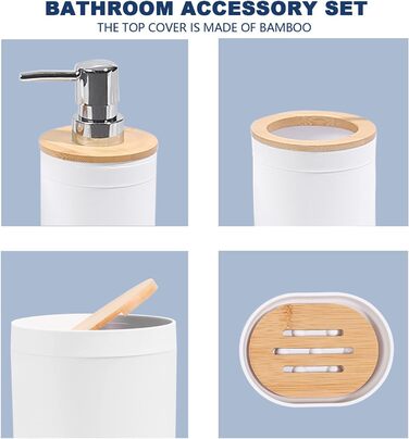 Набір для ванної кімнати MissFox 6 предметів: мильниця, дозатор миючого засобу, сміттєвий бак, тримач для зубних щіток, бачок для води, точилка для унітазу, бамбук, білий