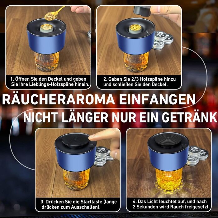Електричний набір для копчення віскі з 6 дерев'яними чіпсами, перезаряджуваний набір для копчення з вбудованим запальником, без бутану, ідея подарунка для чоловіків, батька, чоловіка або друга, з LED-підсвічуванням, блакитний, EU