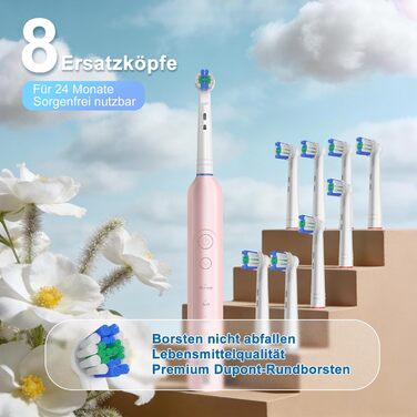 Електрична зубна щітка Rotierende для дорослих з 8 насадками, 3 режимами чищення, акумулятором на 50 днів та Smart-таймером 2 хв - Чорна (Рожева)