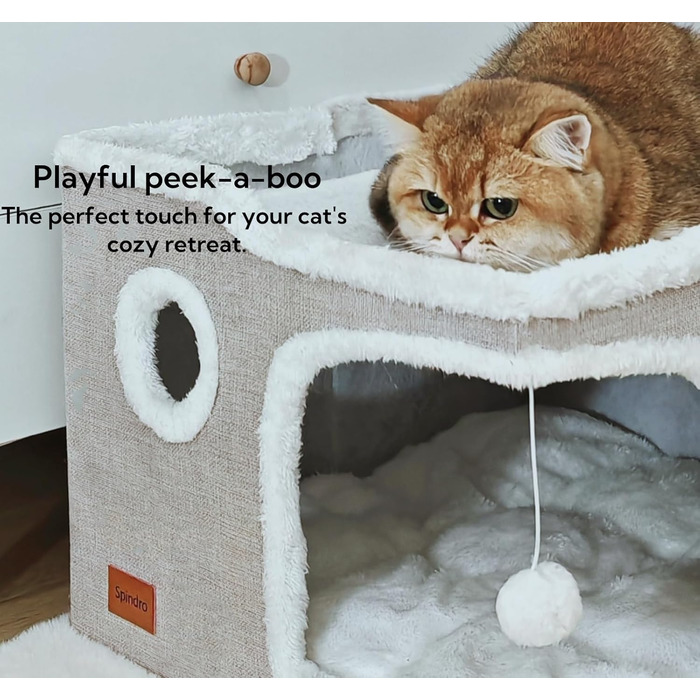 Large Cat Cave Bed for House Cats, Foldable Pet House, Cube with Scratch Pad, Kitten Cave, Cat Hideaway Cute Hut with Soft Cushion Mat, Beige, 43.2 x 43.2 x 33 cm
