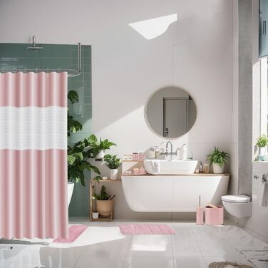 Набір для ванної кімнати IMAVO, 26 предметів: аксесуари для ванної, душова завіса, килимок, сміттєвий бак, піднос, дозатор для мила, мильниця, тримач для зубних щіток, стаканчик для зубних щіток (рожевий)