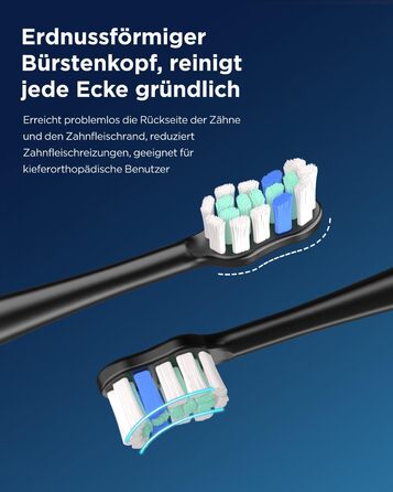 Електрична звукова зубна щітка для дорослих та дітей, 5 режимів чищення, 3 рівні інтенсивності, таймер, 8 насадок, чохол для подорожей, акумуляторна, чорний Obsidianschwarz