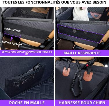 Автокрісло для собак великих порід до 25 кг – безпечний чохол на заднє сидіння, міцний бустер для собак з подовжувачем для заднього сидіння та водовідштовхувальний килимок для собак (Чорний, L)