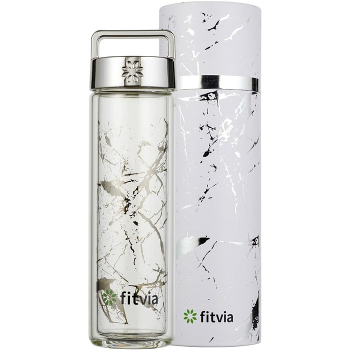Термопляшка Fitvia Silver Marble 380 мл – термоізольований стакан з малюнком мармур, сито для чаю, зручна ручка