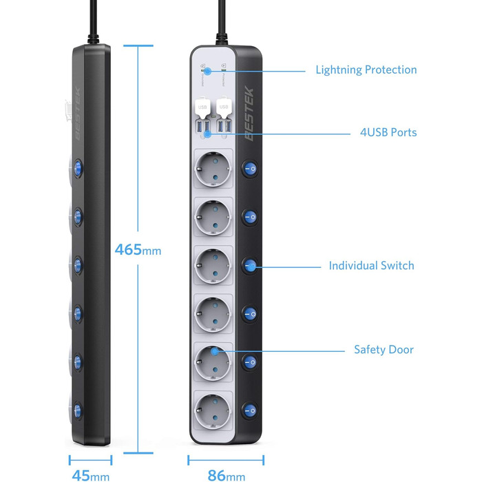BESTEK Розподільник розеток 6-fach з USB, захист від перенапруги 900 Дж, настінний, з вимикачем, синьо-білий, кабель 3 м