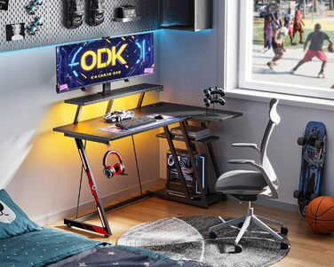 LED Gaming Desk with Power Outlets - L-Shaped PC Gaming Table with Monitor Stand & Storage - Carbon Fiber Black (120cm)