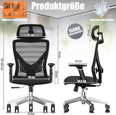 Офісне крісло KESSER® ергономічне з регульованими підлокітниками, поворотне з підтримкою попереку, з підголівником, функція гойдання до 125° з 5 колесами, чорний/срібний