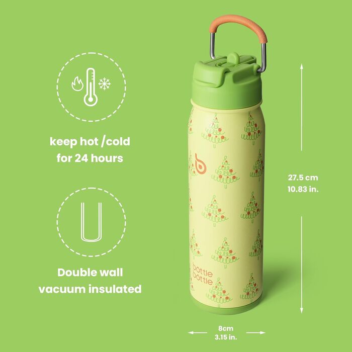 BOTTLE BOTTLE Stainless Steel Water Bottle 24oz (709ml) with Straw Handle and Pill Compartment for Outdoor, School, Insulated Sports Bottle (Tree)