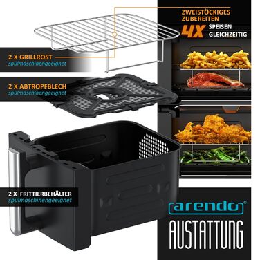 Фритюрниця Arendo з гарячим повітрям XXL Dual Zone, 11 літрів, 2400 Вт, 2 зони, 3в1, 8 сенсорів, без PFAS BPA, 2 решітки, 3D циркуляція повітря, подвійний рівень, тип 1