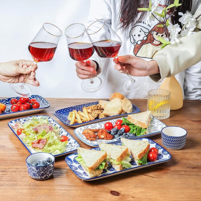 Сервіровочні тарілки Selamica Keramik, набір 6 шт., 24 x 14 x 2.5 см, вінтажний блакитний, для суші, закусок, фруктів