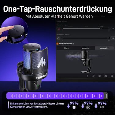 Мікрофон MAONO DM40 бездротовий для ПК з RGB підсвіткою та ШІ-зміною голосу, 3-рівнева шумоподавлення, для геймінгу, подкастингу та стрімінгу (чорний)