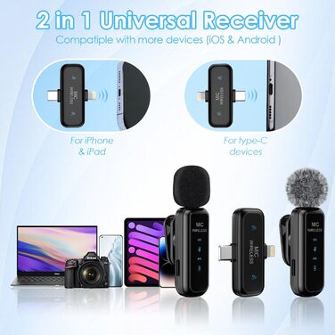 Навушники-мікрофон Laqula 2-в-1 бездротові петличні для iPhone, iPad, Android, камери, USB-C, 2 шт., шумозаглушення, кристально чиста якість запису для відео, Vlog, YouTube, TikTok, інтерв'ю, чорний