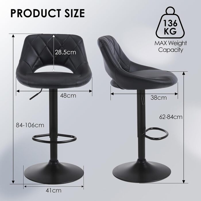 Chummaven 2-Piece Adjustable Bar Stools with Backrest - Faux Leather Kitchen Bar Stools with Chrome Footrest - Padded Barstools for Home Bar, Black