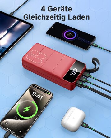 Power Bank 60000mAh 22,5W USB-C PD, Зовнішній акумулятор з 4 портами, Червоний