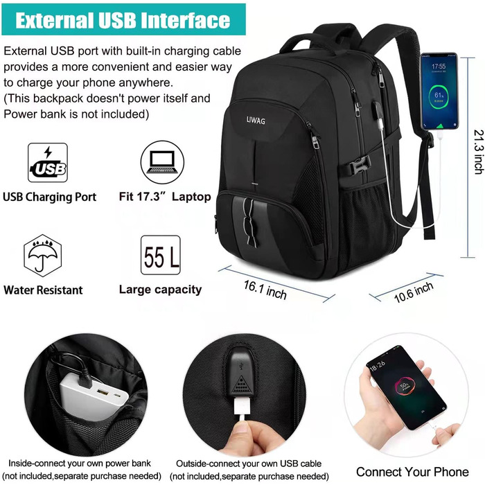 Жіночий рюкзак LIWAG 50L, водовідштовхувальний, з відділенням для ноутбука 17 дюймів, USB-порт, антикрадійний, для роботи, подорожей, школи