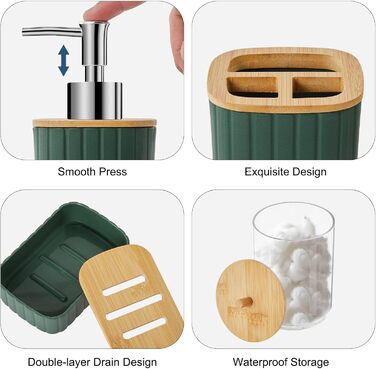 Набір для ванної кімнати Z ZONAMA 24 предмети: душовий завіс, килимок, сміттєве відро, тримач для унітазу, дозатор мила. Стильний набір для дому та квартири. Колір: зелений