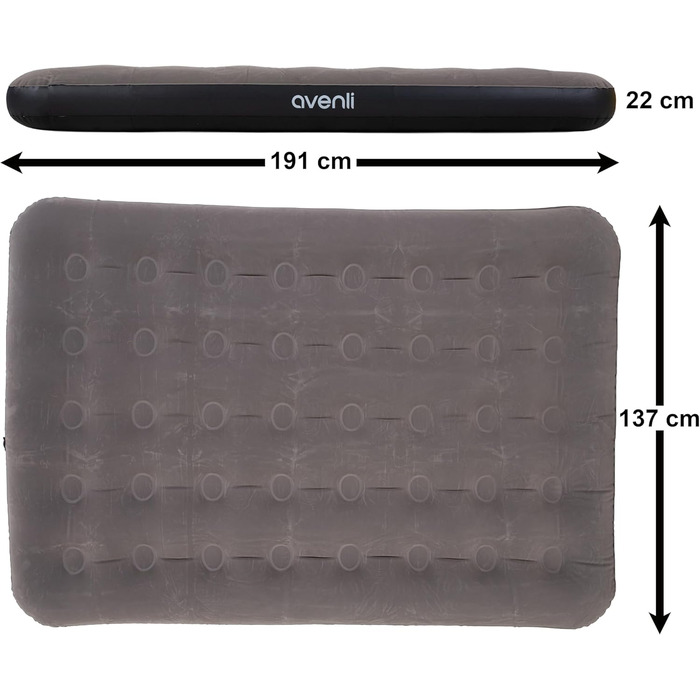 Надувний матрац Avenli для кемпінгу 1-2 особи, 191x137x22 см, сірий - гостьовий матрац з флокованою поверхнею для дому та подорожей