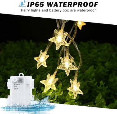 Ланцюжок світлодіодів Cshare зірки, 6м, 40 LED, на батарейках, з таймером, IP65, для саду, дому, кемпінгу, різдва, тепле біле світло