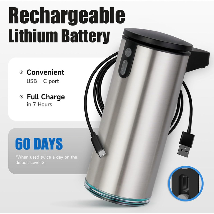 AIKE 380ml Automatic Touchless Soap Dispenser, USB Rechargeable, Stainless Steel Soap Dispenser for Bathroom & Kitchen, Model AK1333S