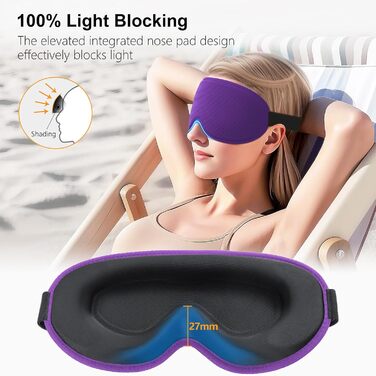 Маска для сну Gritin для тих, хто спить на боці, 3D очні вкосинки, регульоване гумка, повна блокування світла & дихаюча тканина, для чоловіків та жінок, для подорожей та сну, колір: темно-фіолетовий