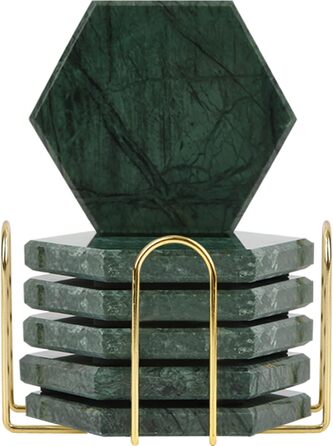 Marble Coasters for Drinks with Metal Stand for High-End Lifestyle (Set of 6) (Hexagonal, Emerald Green)