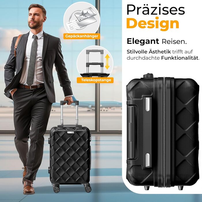 Набір валіз KESSER® 4 шт. | ABS валізи з кодовим замком, ваговою шалькою та органайзером для документів, 360° обертання | Ручна поклажа та великі валізи для подорожей та бізнесу (Чорний)