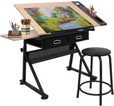 Folding Art Table with Stool and Drawers - Natural Wood Finish