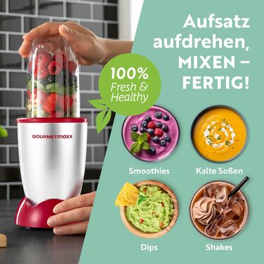 GOURMETmaxx Mr. Magic: Блендер для смузі та шейків 400W | Комплект з 4 насадками | Червоний та срібний
