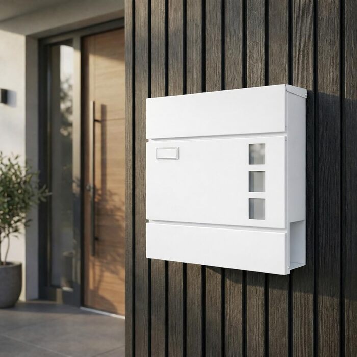 Поштова скринька BASI з м'яким закриттям, вікном для листівок та табличкою для імені | DIN A4 | 2 ключі | вбудований відсік для газет | Біла настінна поштова скринька