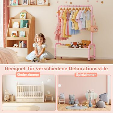 Дитяча вішалка для одягу Kinder Garderobe, 80x30x125 см, рожева. З гачками та кошиком для зберігання, U-подібна основа.