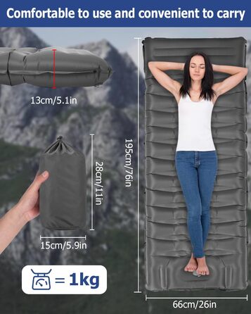 Tixexo Self-Inflating Sleeping Pad - Camping Air Mattress with Foot Pump - 13cm Thick, Spliceable, Outdoor Hiking & Camping Cushion - Grey