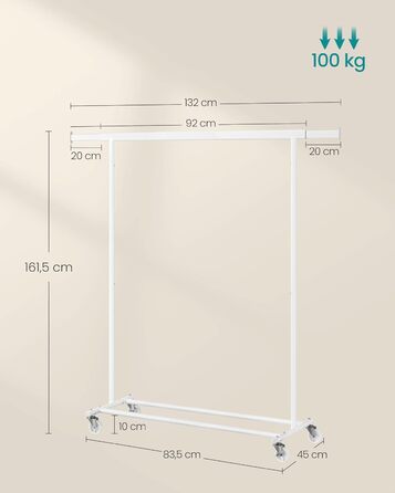 SONGMICS Вішалка для одягу на колесах, важкий, висувна штанга, до 100 кг, білий HSR013W01