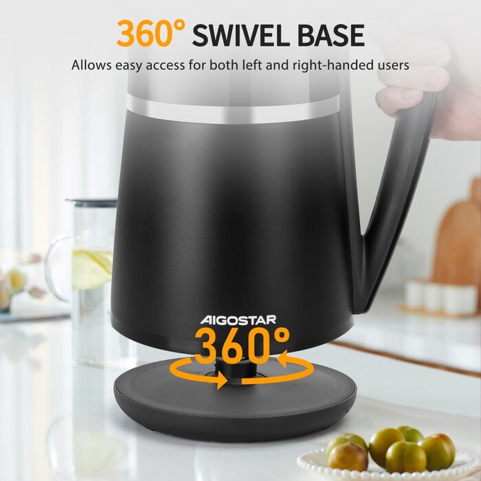 Електричний чайник Aigostar Alva з регулюванням температури 40°C-100°C, 1.7 л, подвійні стінки, Cool Touch, LED дисплей, тихий, бездротовий, з функцією підтримання тепла, 2200W, BPA Free, чорний
