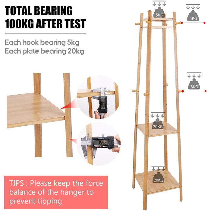 Bamboo Clothes Rack Coat Stand with 8 Hooks and 3 Shelves for Shoes, Hats, and Scarves, for Hallway, Living Room, and Guest Room