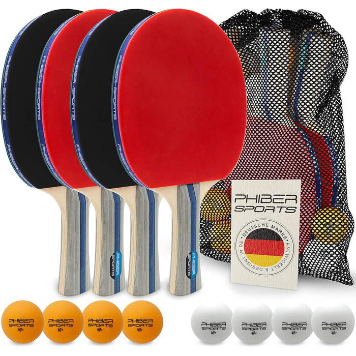 Набір для настільного тенісу PHIBER-SPORTS: 4 ракетки, 8 м'ячів, сумка | Для гри в приміщенні та на вулиці | Підходить для початківців, сімей та професіоналів