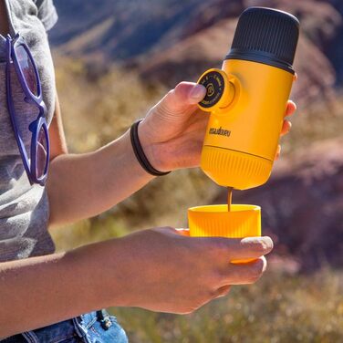 WACACO Nanopresso Portable Espresso Machine, Upgrade Version of Minipresso, 18 Bar Pressure, Small Travel Coffee Machine, Without Protective Case, Manual Operation, for Camping and Hiking, (Yellow)