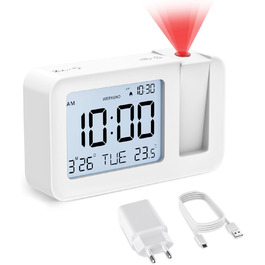 CHEREEKI Projection Alarm Clock, Alarm Clock with Indoor Temperature, 4 Adjustable Projection Brightness, 9-Minute Snooze Function, Digital Alarm Clock Suitable for Office and Bedroom