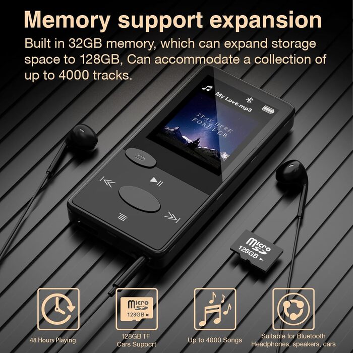 MP3-плеєр Bluetooth 5.3 HiFi, FM-радіо, 32GB, з навушниками, підтримка TF-карт (Чорний)
